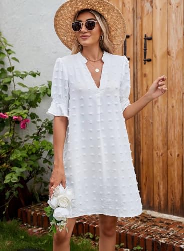 Image of QACOHU Summer Dresses for Women V Neck Ruffle Short Sleeve Casual Shift Dress