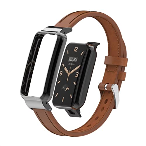 T-BLUER Compatible with Xiaomi Mi Band 7 Pro Strap,Mi Band 7 Pro Leather Replacement Bracelet Band Wristband Accessories with Metal Frame for Xiaomi Mi Smart Band 7 Pro,Brown