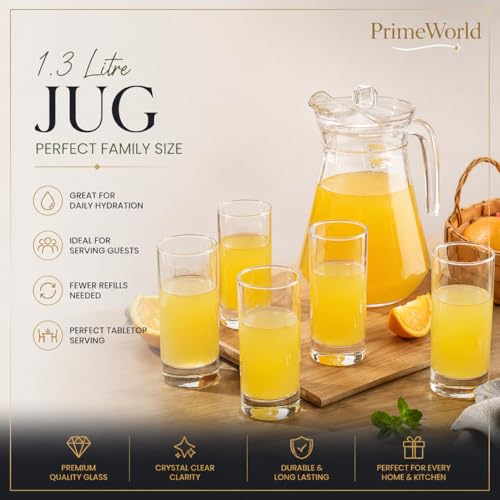 Image of PrimeWorld Premium 7 pcs Set of Water Jug and Glasses Set of 6 Pcs and Jug Set - Glasses 300ML, Jug 1.3 Liter, for Dining Table, Juice, Iced Tea, Milk, Cold Brew Coffee, Lemonade - Fridge Storage