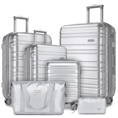 Image of LARVENDER Luggage Sets 6 Piece Hardside Expandable Suitcase with Wheels TSA Lock, PC+ABS Hardshell Lightweight Travel Luggage Sets for Women, Glossy Silver, 6 Piece Set