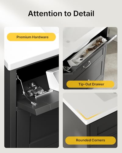 Amada 30″ Bathroom Vanity with Ceramic Sink, Modern Vanity with Storage Cabinet, 1 Tilt-Out Drawer and 2 Drawers, Deep and Sloped Single Sink, Easy Assembly, Black