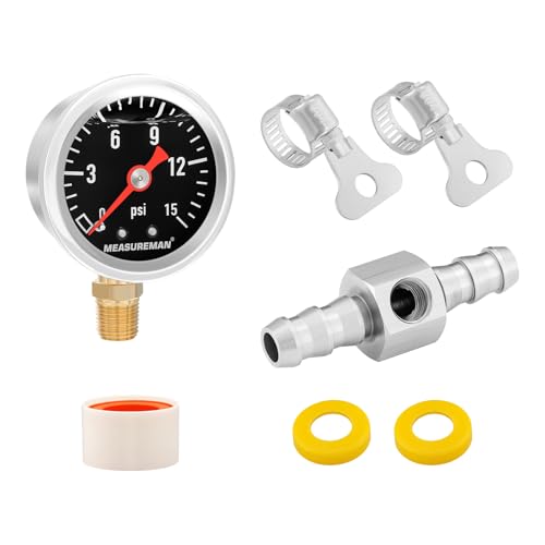 MEASUREMAN 0-15 Psi Glycerin Filled Fuel Pressure Gauge, 1.5” Dial, 304 Stainless Steel Case, 1/8” NPT Lower Mount, with 3/8” Fuel Line Adapter, Copper Tube &amp; Fittings, Red Aluminum Pointer