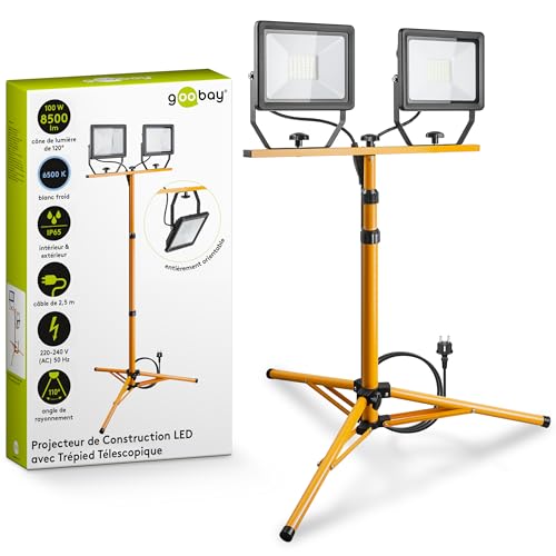 Goobay 49984 Projecteur de Chantier LED télescopique Double tête pour Utilisation intérieure et extérieure Trépied en métal Blanc Froid, Jaune, 2x 50W