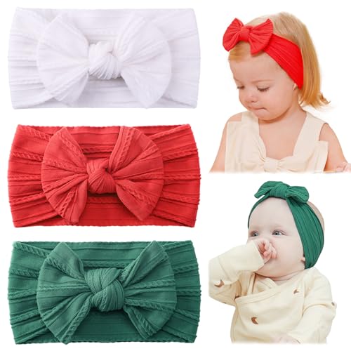 Image of jollybows Baby Girl Headband Christmas Bows Nylon Head Wraps Newborn Hairbands Infant Toddler Hair Bow (4- Red Green White- Merry Christmas)