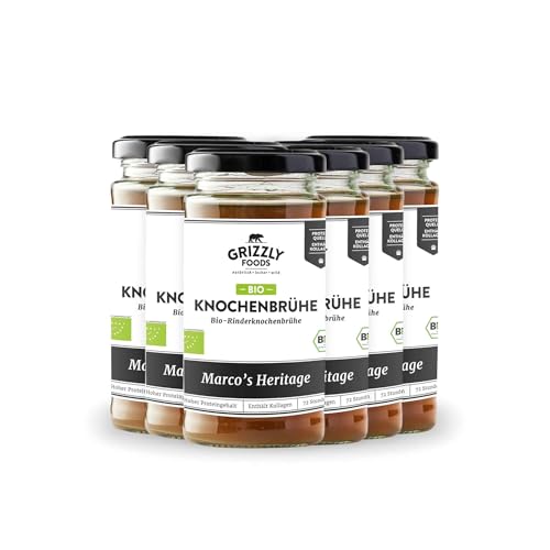 Grizzly Foods • Caldo de hueso de ternera orgánica (6 x 240 ml) • 12 g de colágeno por vaso • Cocido durante 72 horas • 100% natural • Sin azúcar, sin aditivos • nutrientes valiosos • Caldo de hueso •