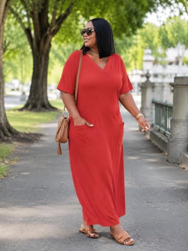 Image of Plus Size Maxi Dress for Women Short Sleeve V Neck Casual Loose Sundress with Pockets