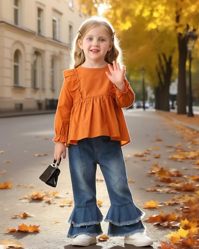 Mikrdoo Baby Toddler Girl Clothes Long Sleeve Ruffle Shirts Top Denim Bell Bottom Outfits Fall Winter Kids Clothing Sets3
