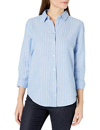 Amazon Essentials Women's Classic-Fit Long-Sleeve Linen Shirt, French Blue Pinstripe, Large