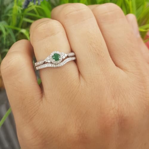 Dazzlingrock Collection Round Emerald & White Diamond Womens Halo Bridal Engagement Ring Matching Band Set, 10K Solid White Gold3