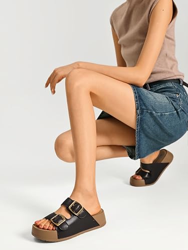 Image of Platform Sandals Women Genuine Leather Slip-on Beach Slide Buckle Comfortable Sandals with Memory Foam Soft Lining and Open Toe Low Wedges