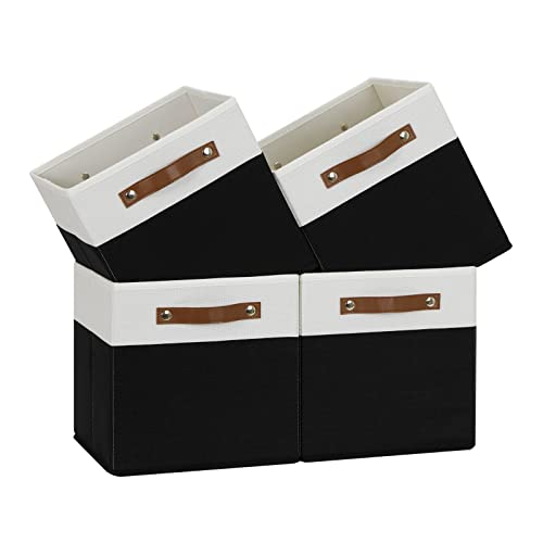 Temary 11 inch Cube Storage Bin 4 Pack Fabric Storage Cubes for Home, Fabric Storage Bin Storage Cube Bins with Leather Handles(White&Black)