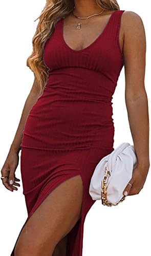 Womens Sleeveless V Neck Bodycon Dress Midi Party Dress Side Slit Ribbed Knit Pencil Dresses Burgundy #TOP1