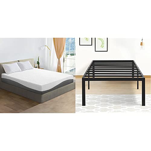 Olee Sleep 10 Inch Aquarius Memory Foam Mattress - Twin & Olee Sleep 18 Inch Tall Heavy Duty Steel Slat/Anti-Slip Support/Easy Assembly/Mattress Foundation/Maximum Storage, Black #TOP13