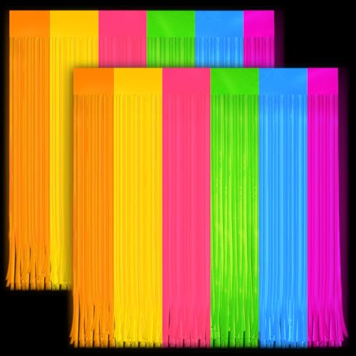 Image of 2 Pack Glow in The Dark Curtains Party Supplies 6.6 x 3.3 Ft Glow Tinsel Foil Fringe Curtains Colorful Patchwork Streamer Backdrop for Birthday Holiday Neon Party Decorations