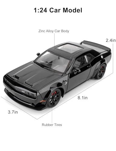 Image of 1:24 Dodge Challenger Diecast Toy Car - Multifunctional Alloy Model with Pull Back Action, Openable Doors, Bonnet & Boot, Sound & Light - Kids & Collector Gift (Black)