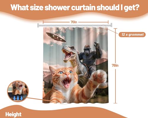 Image of Extra Tall Shower Curtain XL Fun Cat Dinosaur, 70 x 78 Inchs | for Extra Long 78 Inchs Shower, Cool Monkey Novelty Design, Large Bathroom Decor Sets Waterproof Cloth Fabric, with Hooks