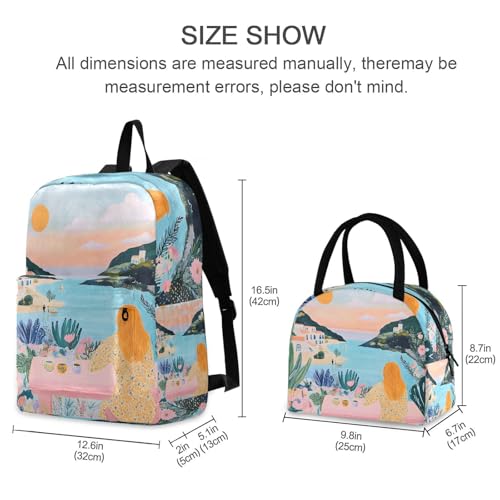 Backpack Lunch Box Set Large Capacity Travel Backpacks and Insulated Lunch Bag for Commute Hiking Picnic Landscape Art Print2