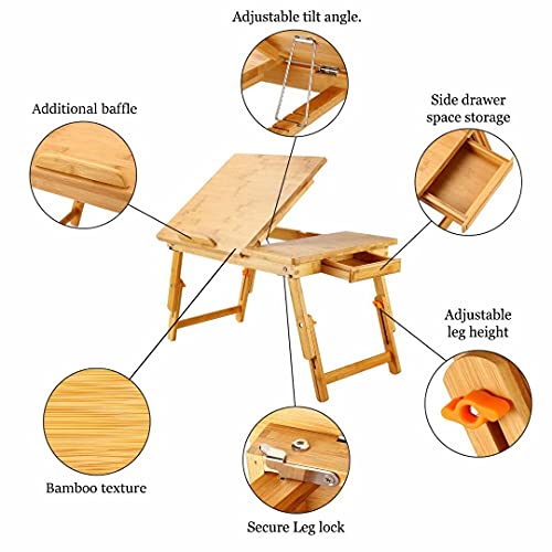 Laptop Desk Nnewvante Bamboo Bed Tray Adjustable Foldable Desk Bed Serving w\' Tilting Drawer - Thumbnail 2