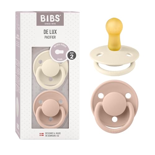 BIBS De Lux Dummies 2-Pack, BPA Free Dummy Pacifier, Round Nipple. Natural Rubber Latex, Size 2 (6-18 Months), Ivory/Blush