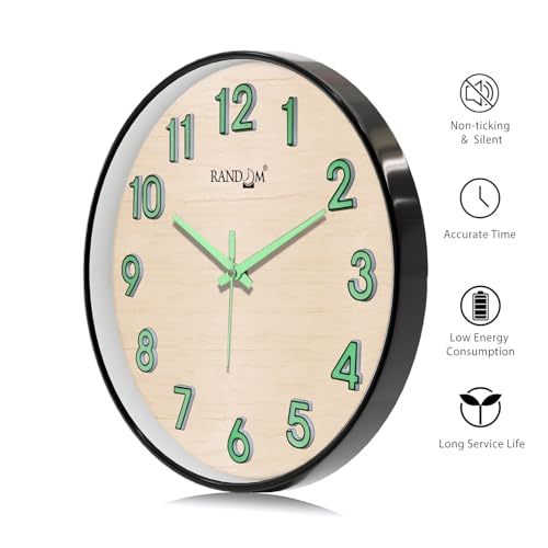 Image of RANDOM Modern 12.75INCH Wall Clock with 3D Radium Numbers, Silent Non-Ticking, Premium Black Frame, Metallic Face, Ultra Clear Glass for Living Room, Home Office