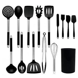 15-Piece Kitchen Utensils Set, 446°F Heat Resistant Silicone Utensil Set, Cooking Utensil Set With Stainless Steel Handles, Dishwasher Safe Bpa Free (Black)