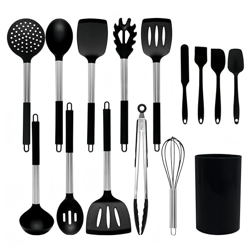 15-Piece Kitchen Utensils Set, 446°F Heat Resistant Silicone Utensil Set, Cooking Utensil Set With Stainless Steel Handles, Dishwasher Safe Bpa Free (Black)