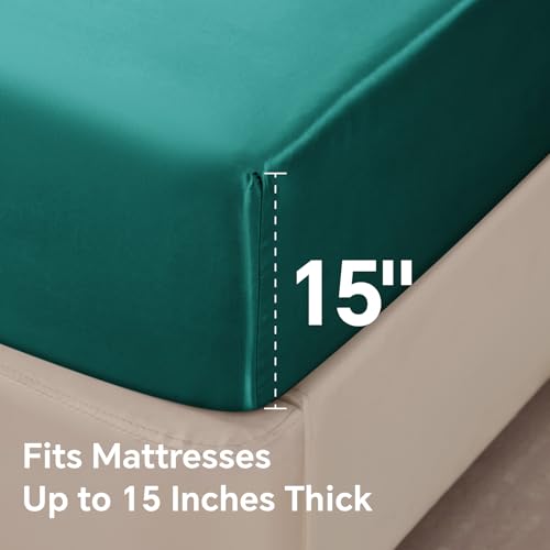 BEDELITE Satin Fitted Sheet and Pillowcases Set, Luxury Soft Similar to Silk Bottom Bedsheet with Elastic Corner Straps, Deep Pocket up to 15 Inch, 1 Fitted Sheet and 2 Pillowcases(King, Teal)