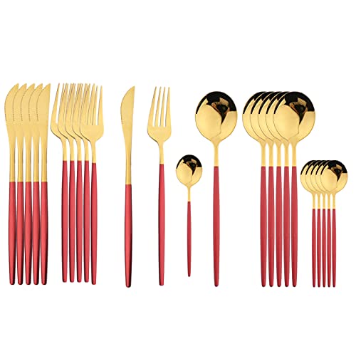 Juego De Vajilla Dorada De 24/16 Uds., Cubiertos De Acero Inoxidable, Vajilla, Cuchara, Cuchillo, Tenedor, Juego De Cubiertos para Cena,Oro Rojo