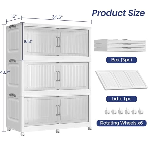 KuyiGame 120Gal Extra Large Stackable Storage Bins with Lid, 480QT Foldable Collapsible Storage Box with Doors and Wheels, Plastic Closet Organizers Container Drawer for Bedroom Dorm Kitchen, 3Pack - Image 2