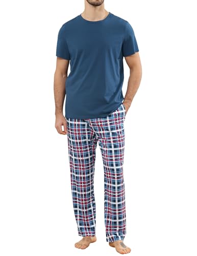 El Mejor Listado de Pijamas Caballero - 5 favoritos. 43 GAESHOW Pijamas para Hombre de Algodon Conjunto de Pijama Hombre Manga Corta y Pantalones 2 Piezas Cuello Redondo Cuadros Azul Mediano