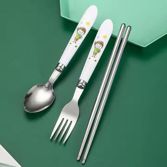 Image of 4 Pcs Cutlery Set with Storage Case, Stainless Steel Spoon Fork Chopsticks Set for School Lunch Box, Travel Camping Portable Reusable Tableware for Boys Girls (Set of 1 Multicolor)