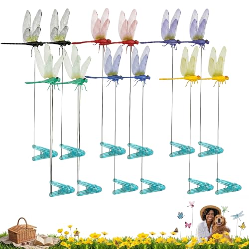 Jongdari Dragonfly Hat Clip Realistic Fake Dragonflies Clip-On Garden Outdoor Decor Stakes Plastic Dragon Fly Clips Plant Decorations for Pot (6 Colors, 12pcs)