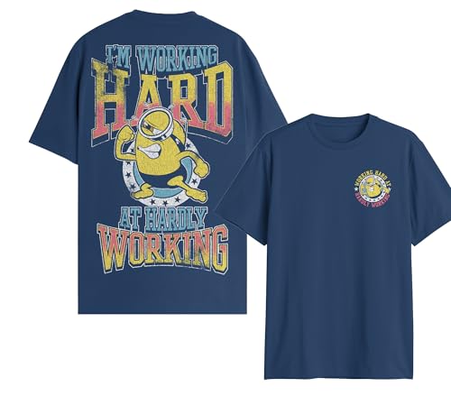 Despicable Me Minions Working Hard at Hardly Working Adult Tee Front Back Print(3XL Navy)