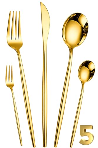 Image of Slim Handle Gold 5 Pcs Stainless Steel Cutlery Set for Dining Table, Dishwasher Safe Glossy Flatware (1 Spoon Set+1 Forks Set+1 Butter Knife+1 Dessert Spoon+ 1 Fruit Fork)