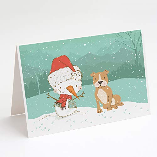 Caroline's Treasures CK2076GCA7P Brown Staffie Snowman Christmas Greeting Cards and Envelopes Pack of 8 Blank Cards with Envelopes Whimsical A7 Size 5x7 Blank Note Cards