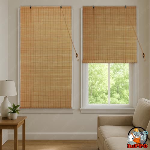 Image of HIPPO Bamboo Curtains - W-4 FT X H-9 FT Rope Mechanism Roll Up Down Indoor Bamboo Shade for Sun & Dust Protection for Home Window, Balcony, Restaurant, Hotel, Resort (Natural Wood)