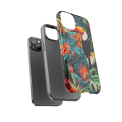 Coque iPhone 14 Plus vert toucan tropical rigide et brillante protégeant le smartphone