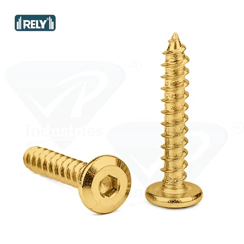 Image of Rely⇒VP INDUSTRIES (Pcs-25) M6.3x50 mm Allen JCB Head Self-Tapping Screw - Brass Gold Flat Head Furniture Bolt for Wood Boards, Cabinets, Cupboards & Chairs