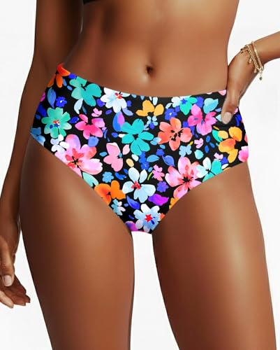 Tempt Me Women Mid Rise Bikini Bottoms - Full Coverage Bathing Suit Bottoms Colorful Flower S