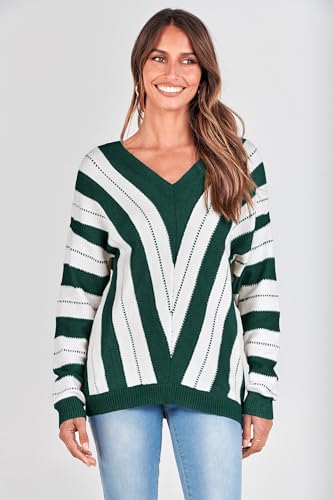 PRETTYGARDEN Sweaters for Women 2025 Long Sleeve Striped Knitted V Neck Pullover Jumper Tops Fall Outfits Fashion Clothing