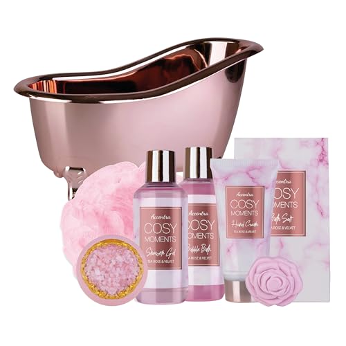 Accentra Cosy Moments Bath Set Gift Set for Women with 150 ml Shower Gel, 150 ml Bubble Bath, 150 g Bath Salt, 90 g Bath Bomb, 60 ml Hand Cream, 30 g Soap and 15 g Mesh Sponge in Shiny Bathtub