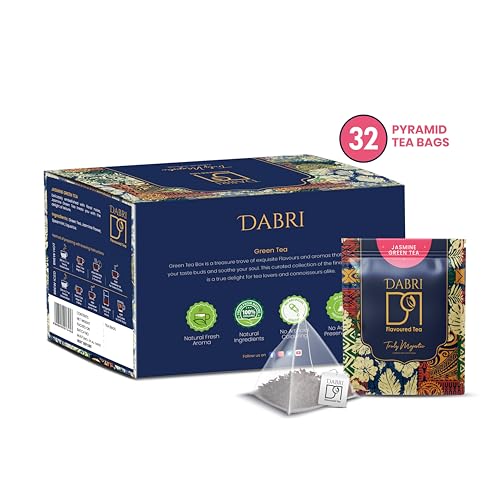 Image of Dabri Jasmine Green Tea 32 Pyramid Dip Tea Bags|Natural Dried Jasmine Flowers & Green Tea Leaves |Rich Antioxidants |Boosts Metabolism, Brain & Heart Health |Contains Catechins for Tooth Protection