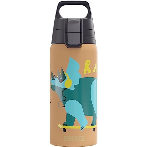 Sigg - Isolierte Trinkflasche Kinder - Shield Therm One Rawsome - Kohlensäuregeeignet - Auslaufsicher - Spülmaschinenfest - BPA-frei - 90% recycelter Edelstahl - Sandbraun mit Dinosaurier - 0,5L