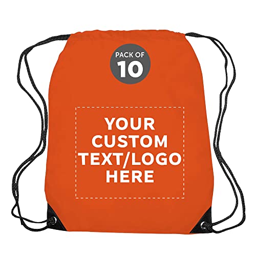 DISCOUNT PROMOS Custom Drawstring Backpack with Black Trim Set of 10, Personalized Bulk Pack - Water Resistant, Perfect for Gym, Camping, Beach, Outdoor Sports - Orange