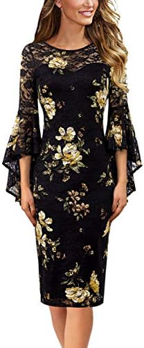 VFSHOW Womens Black Lace Yellow Floral Print Ruffle Bell Sleeves Casual Business Cocktail Party Bodycon Pencil Sheath Dress 3865 BLK S