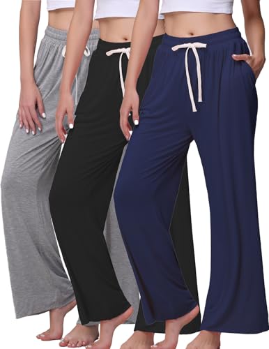 Image of Veseacky Women's Wide Leg Lounge Pants Yoga Pajamas Comfy Stretch Drawstring Pajamas Puls Size Dance Bottoms S-4XL