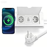 Prise escamotable USB C PD 20 W et 15 W - Charge sans fil - 2 prises - Prise de table encastrable - Plateau de table pour bureau, cuisine, blanc - Câble de 1,5 m