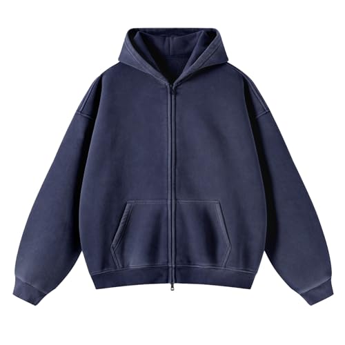 Talakeno Mens Womens Fleece Hoodies Sweatshirt Double Zip Up Oversized Acid Wash Hoodies Winter Vintage Cotton Sweatshirt(Navy-Blue L)