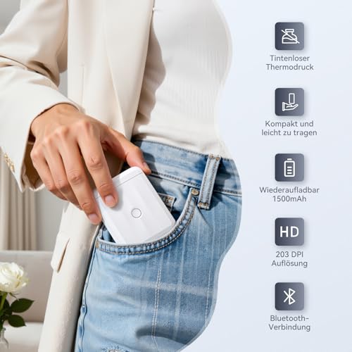 NIIMBOT Etikettendrucker D110 Upgrade, Mini Bluetooth Etikettiergerät Beschriftungsgerät Selbstklebend, Tragbares sticker drucker Label Printer mit iOS Android, Geeignet für Zuhause Schule Büro, Weiß