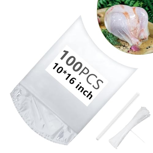 Image of Poultry Shrink Bags (100 Pcs 10x16'') - Turkey Wrap, Brining Bags BPA Free Freezer Safe for Chickens, Rabbits - With 50 Heat-Resistant Zip Ties and Silicone Straw
